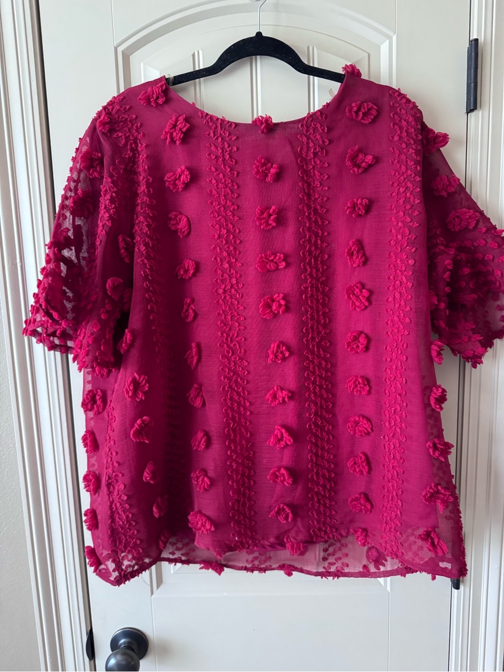 Entro Women’s Textured Pom-Pom Short Sleeve Top - Red XL